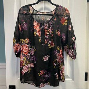 Pleione for Anthropologie Black Floral Long Sleeved Zippered Blouse. Size Large.